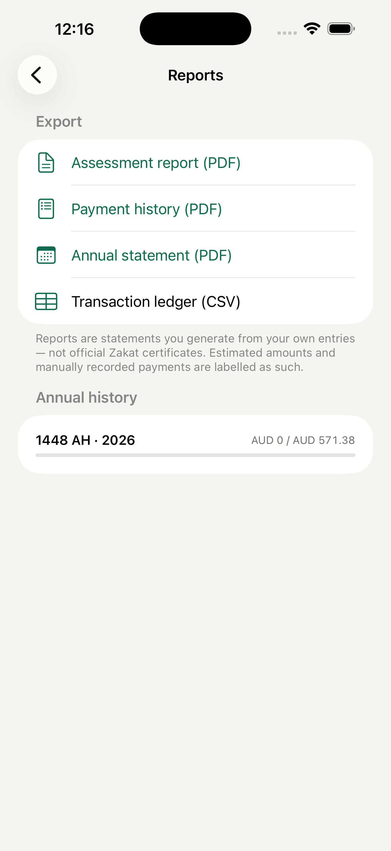 Reports screen with assessment report, payment history and annual statement as PDF, and the transaction ledger as CSV