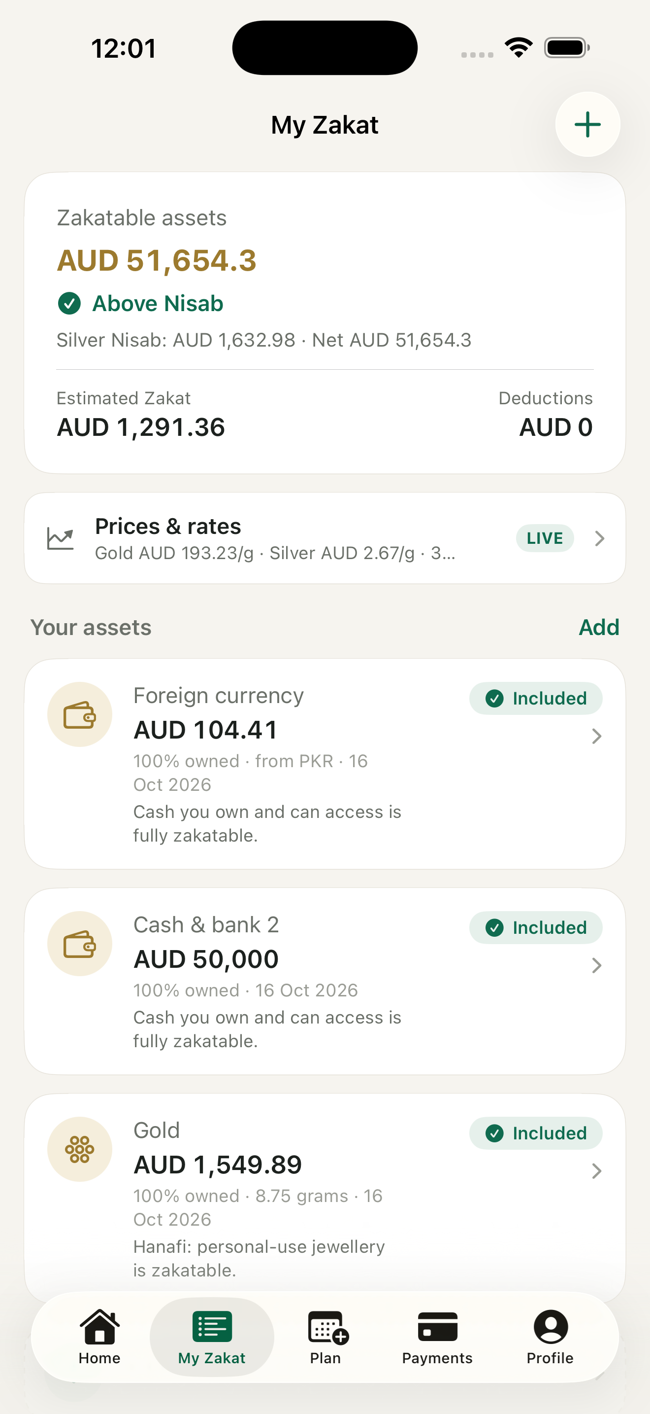 My Zakat screen showing zakatable assets above Nisab, live prices and rates, and each asset with its treatment