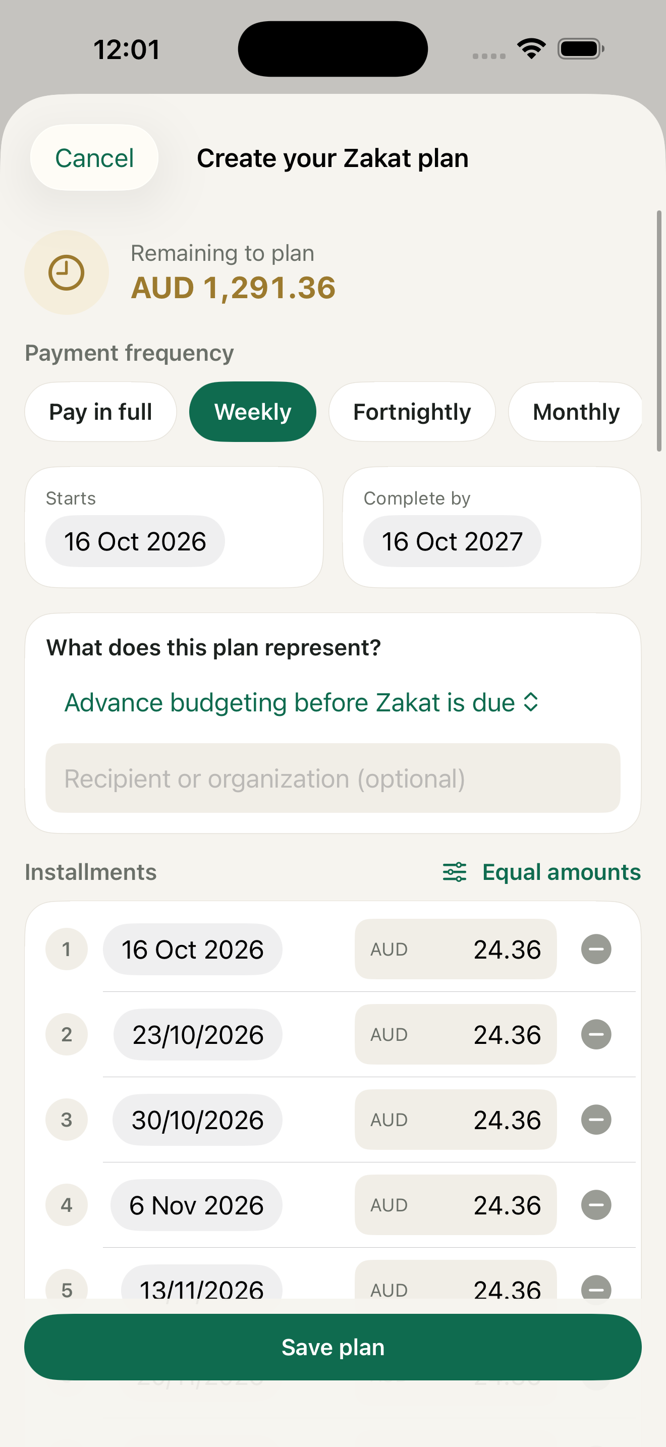 Create your Zakat plan screen with frequency options, start and complete-by dates, purpose and instalments