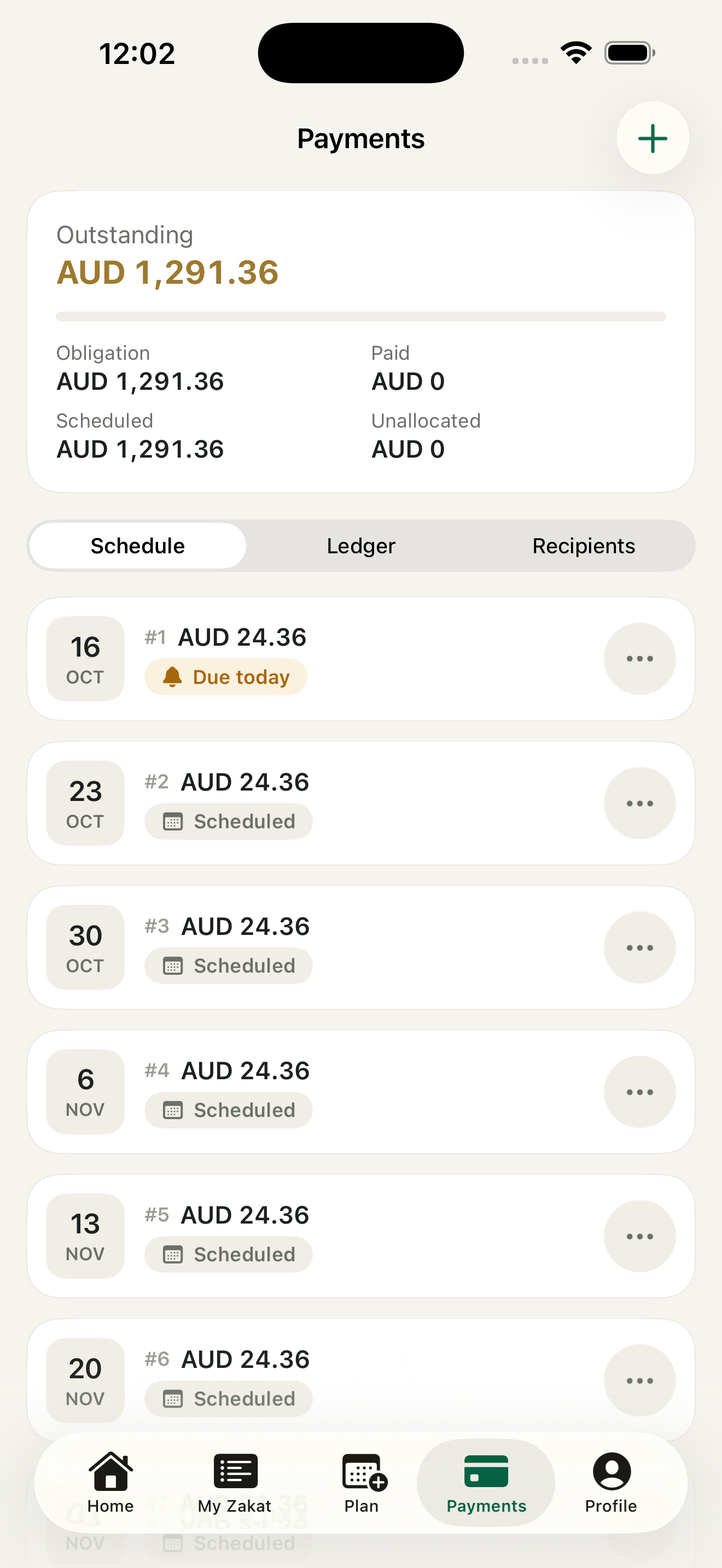 Payments screen with outstanding amount, schedule, ledger and recipients