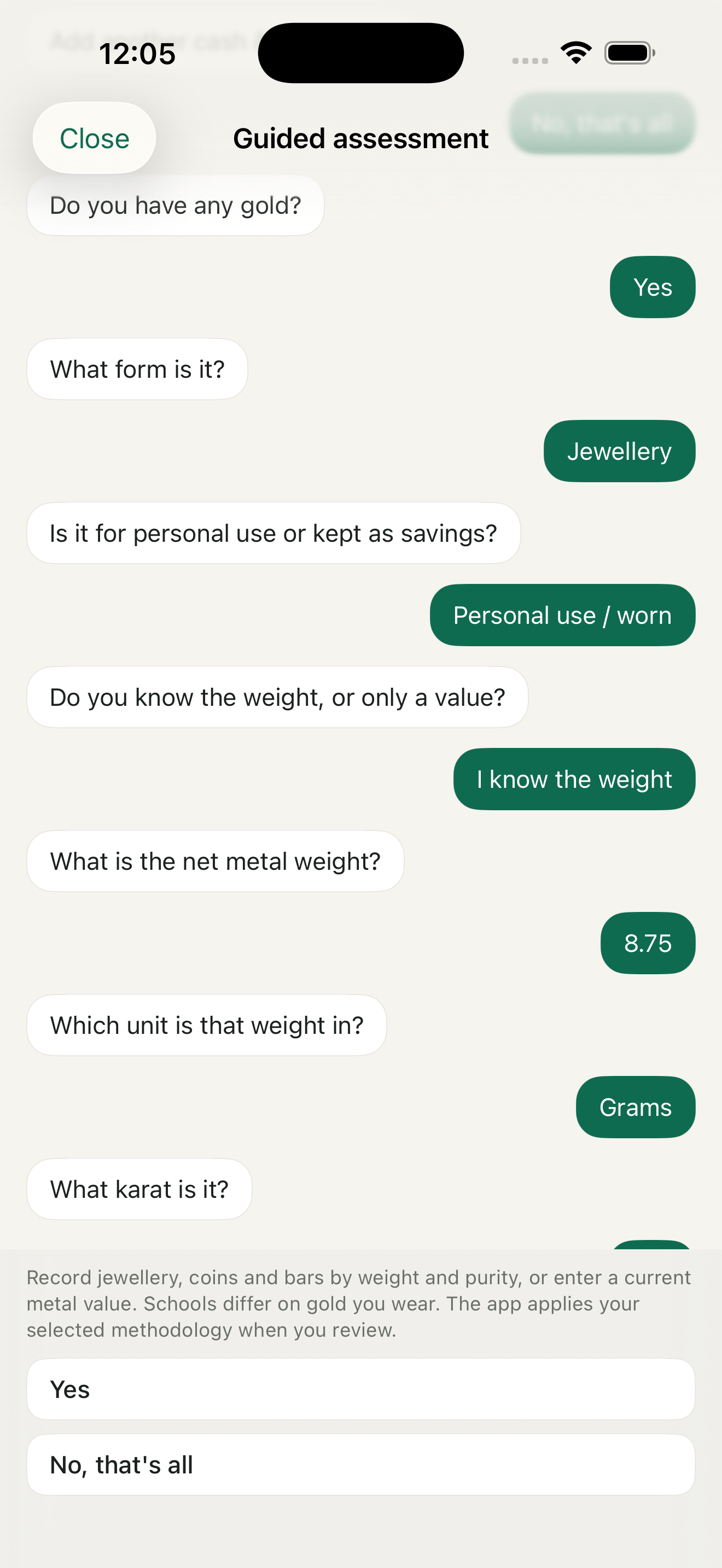 Guided assessment asking about gold jewellery