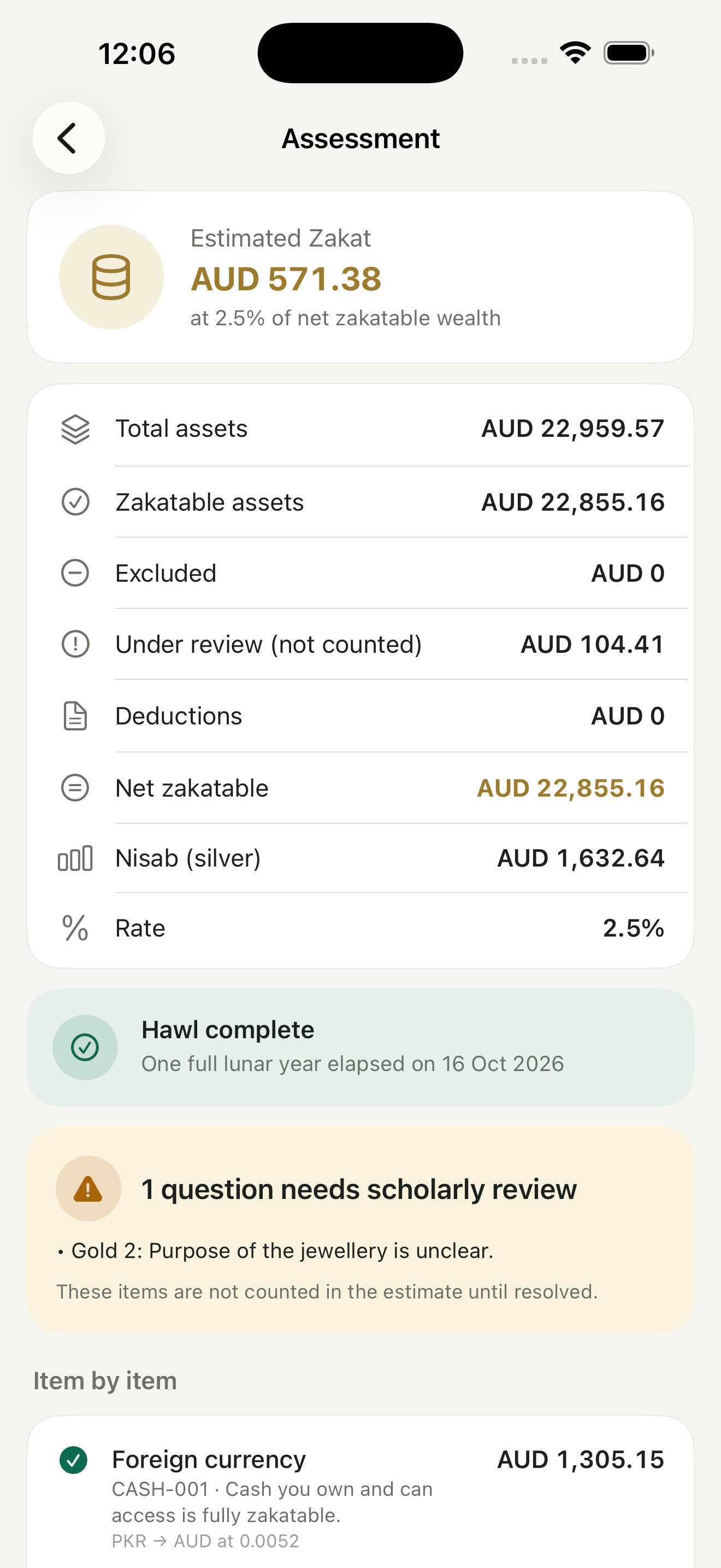 Assessment screen showing estimated Zakat and one item flagged for review