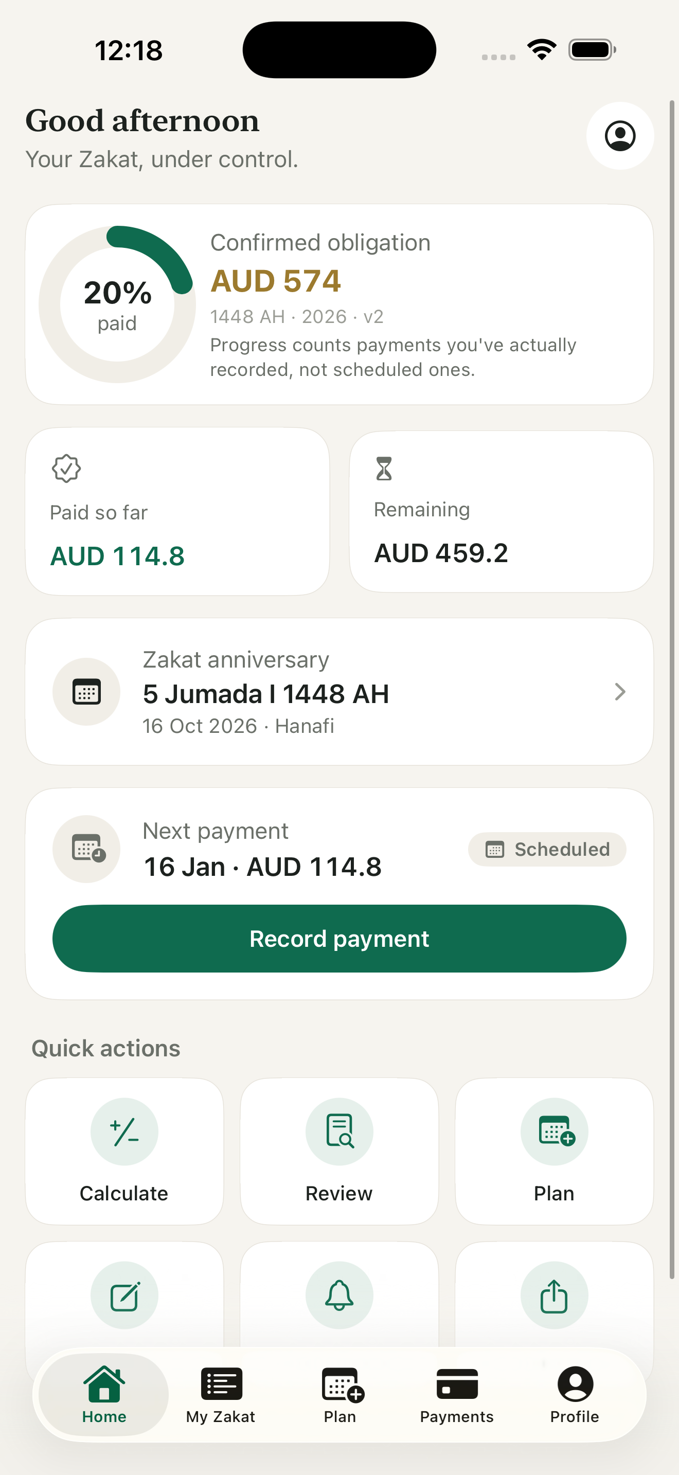 Nisabi home screen showing a confirmed obligation and the next scheduled payment