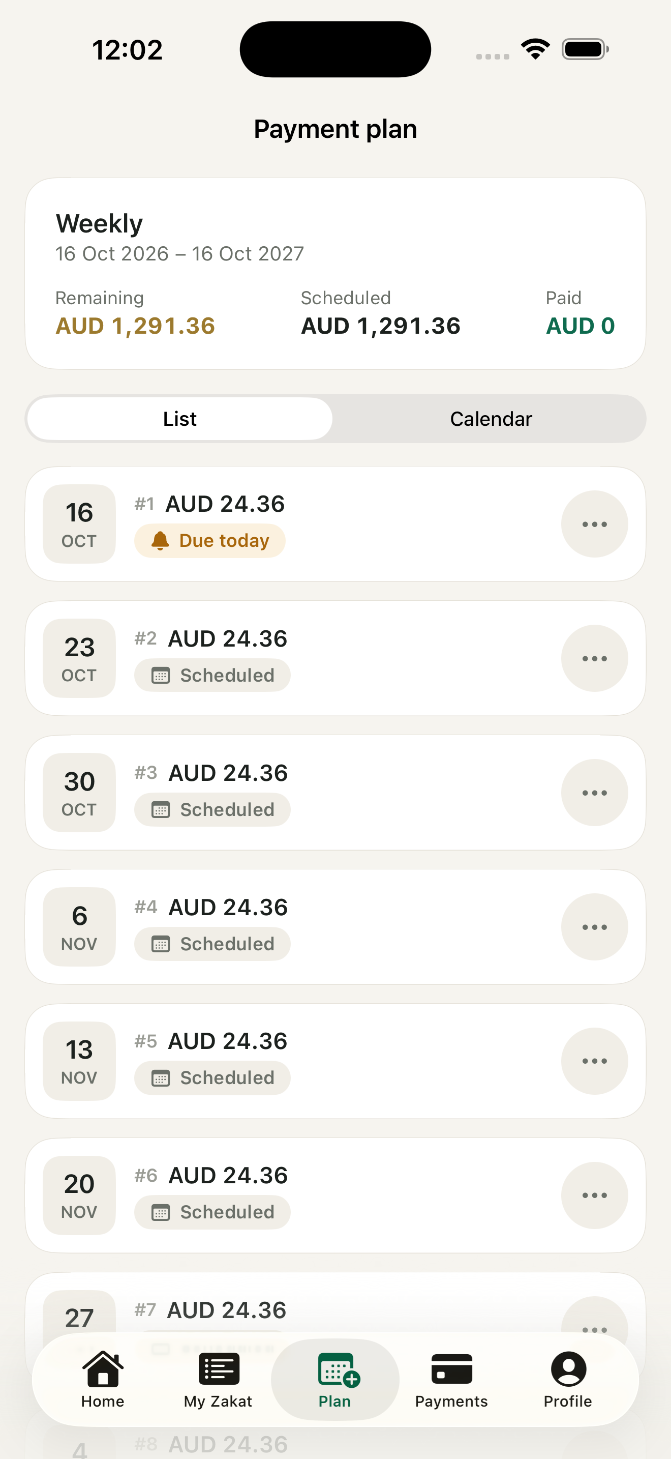Weekly payment plan with scheduled instalments