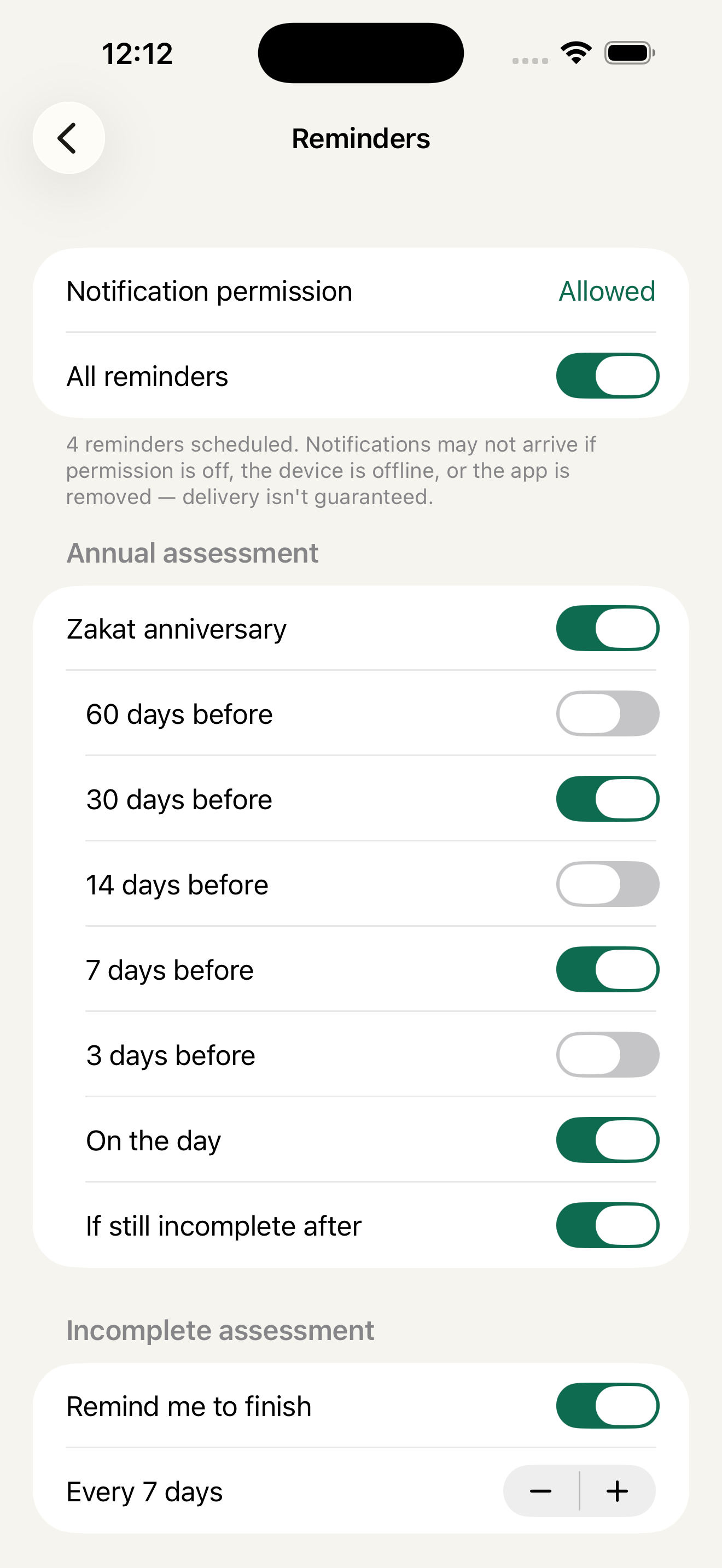 Reminder settings with anniversary reminders before the day and on the day